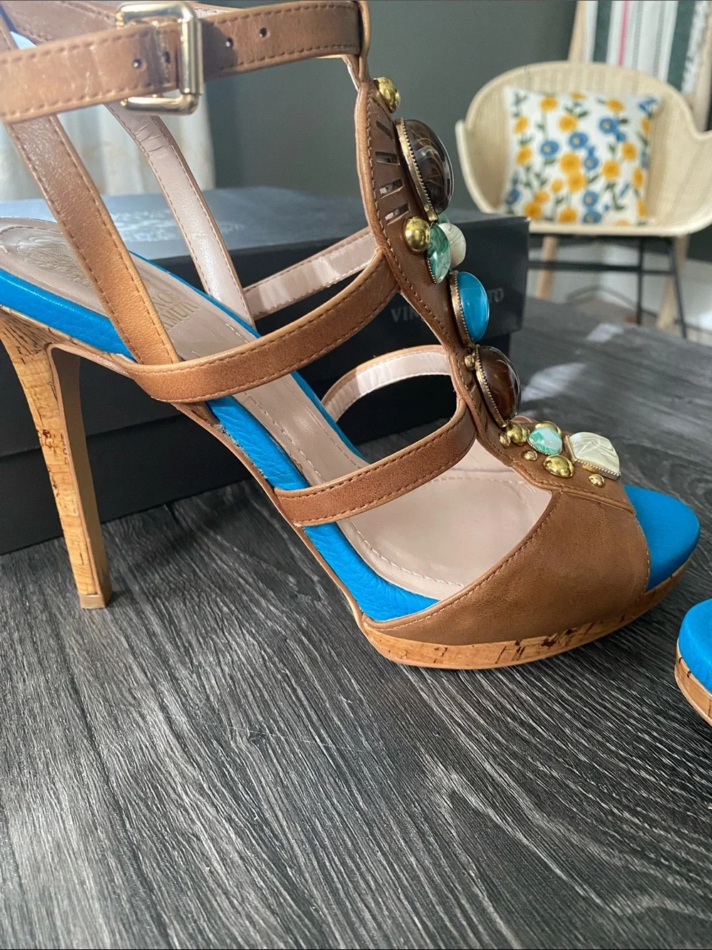 Vince Camuto Brown Leather Jeweled Wedge Sandals with Bright Blue Insole